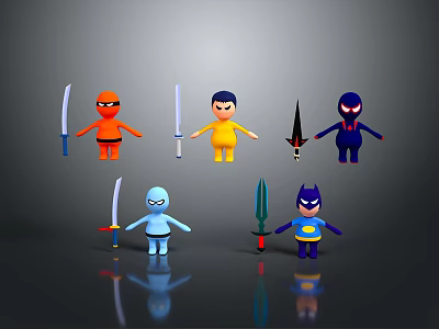 Colorful Cartoon Characters Holding Various Weapons in Different Colored Outfits on Dark Reflective Background 3d model
