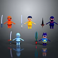 Colorful Cartoon Characters Holding Various Weapons in Different Colored Outfits on Dark Reflective Background