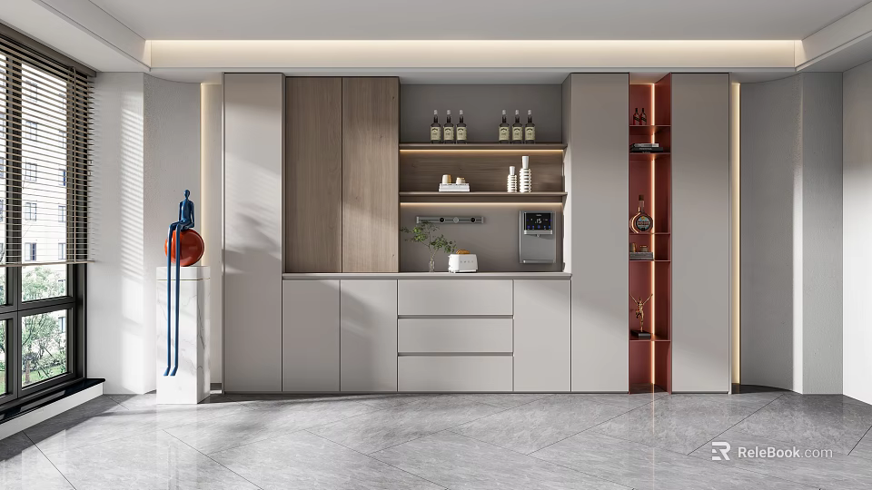 Modern White Wooden Sideboard Design With Open Shelves Drawers And Decorative Bottles 3d model 