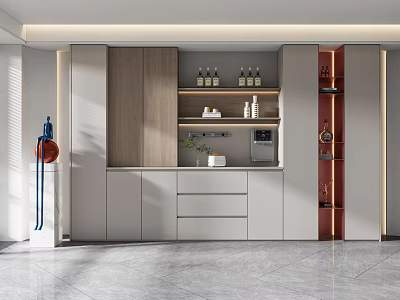 Modern White Wooden Sideboard Design With Open Shelves Drawers And Decorative Bottles 3d model