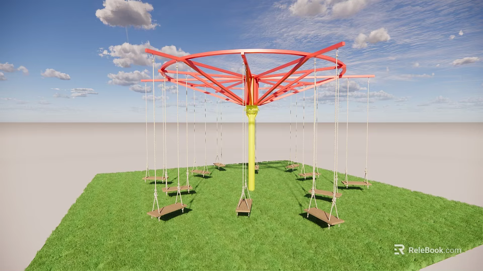 Outdoor Playground Equipment Circular Swing Set With Red Top Structure Yellow Pole And Green Grass 3d model 