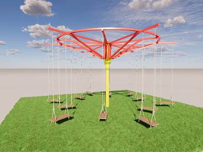 Outdoor Playground Equipment Circular Swing Set With Red Top Structure Yellow Pole And Green Grass 3d model