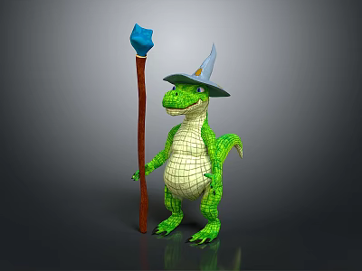 Green Reptile Wearing Blue Wizard Hat Holding Staff With Blue Top In Cartoon 3D Style 3d model