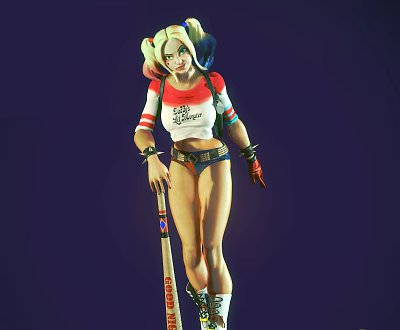 Colorful Pigtailed Character Wearing Crop Top Shorts Holding Baseball Bat On Purple Background 3d model