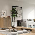 Modern Living and Dining Room Interior With Sofa Area Rug Artwork and Floor Lamp