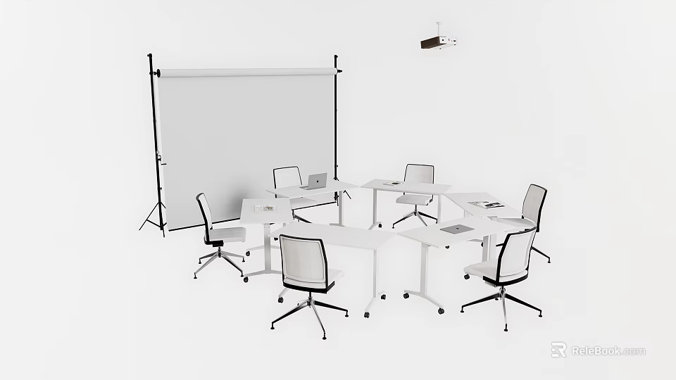 White Office Desks With Chairs Projection Screen And Ceiling Light Setup 3d model