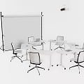 White Office Desks With Chairs Projection Screen And Ceiling Light Setup 3d model