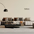 Poliform L Shaped Beige Gray Sofa with Decorative Pillows Black Coffee Table and Floor Lamp
