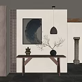 Wooden Chinese Console Table With Blue Wave Painting Branch Vase And Gold Pendant Light