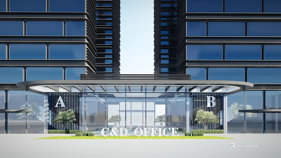 Modern Hotel Building with Twin Tall Glass Curtain Wall Entrance and Green Plants 3d model 