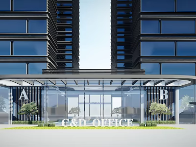 Modern Hotel Building with Twin Tall Glass Curtain Wall Entrance and Green Plants 3d model