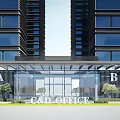 Modern Hotel Building with Twin Tall Glass Curtain Wall Entrance and Green Plants