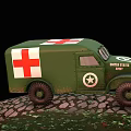 Green Military Ambulance With Red Cross White Star And Large Tires On Stony Ground