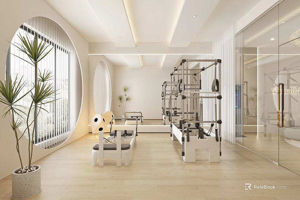 Modern Bright Pilates Studio With Equipment And Natural Light 3d model 
