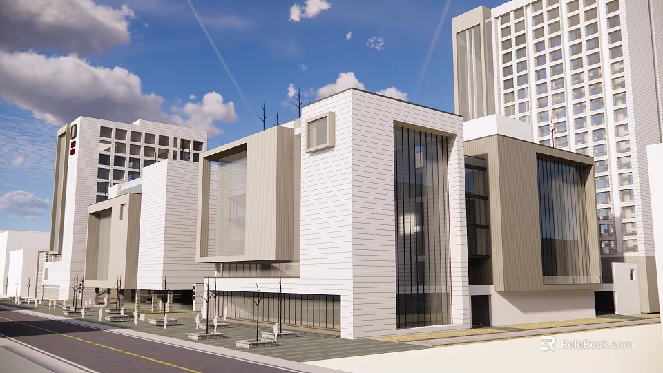 Modern Office Building Exterior Design With Glass Curtain Walls And White Facade 3d model 