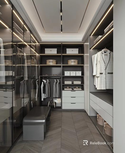 Modern Walk In Closet With Glass Doors Hanging Clothes Storage Baskets Drawers And Bench 3d model 