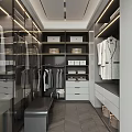 Modern Walk In Closet With Glass Doors Hanging Clothes Storage Baskets Drawers And Bench