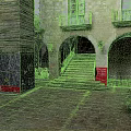 European Style Architecture With Stone Arches Staircase Balconies And Paved Courtyard