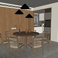Modern Restaurant Dining Area With Wooden Cabinets Round Table Rattan Chairs And Pendant Lights