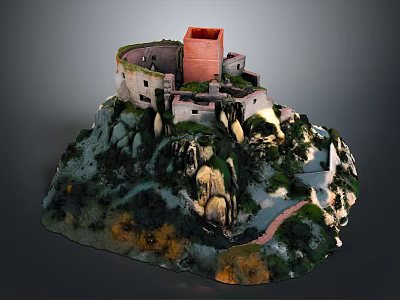 3D Model of Hilltop Castle With Red Tower Stone Walls and Mountainous Terrain 3d model