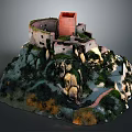 3D Model of Hilltop Castle With Red Tower Stone Walls and Mountainous Terrain