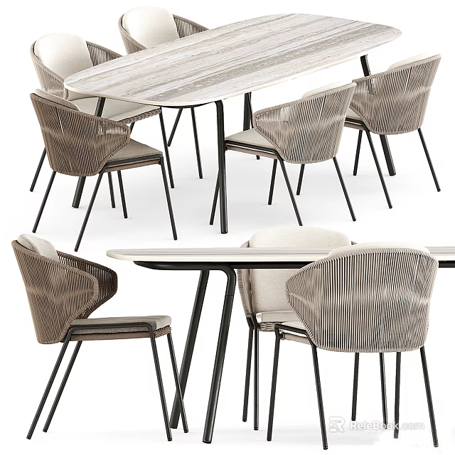 Modern Dining Table Set With Striped Upholstered Chairs And Black Metal Legs 3d model 
