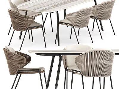 Modern Dining Table Set With Striped Upholstered Chairs And Black Metal Legs 3d model