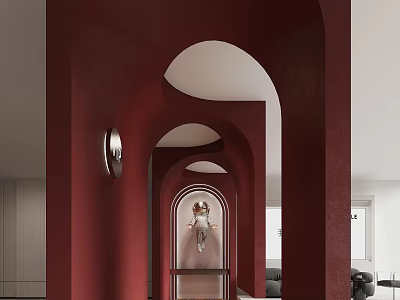 Modern Office Corridor with Red Walls Arched Design and Wall Decor 3d model