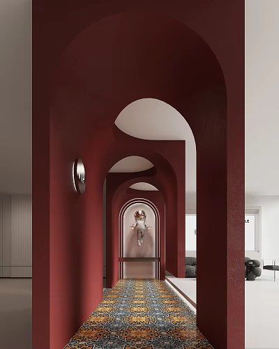 Modern Office Corridor with Red Walls Arched Design and Wall Decor 3d model