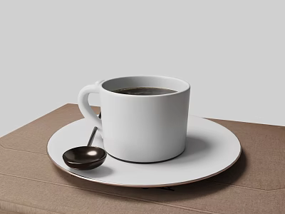 White Tableware Set With Coffee Cup Plate And Brown Spoon On Tabletop 3d model