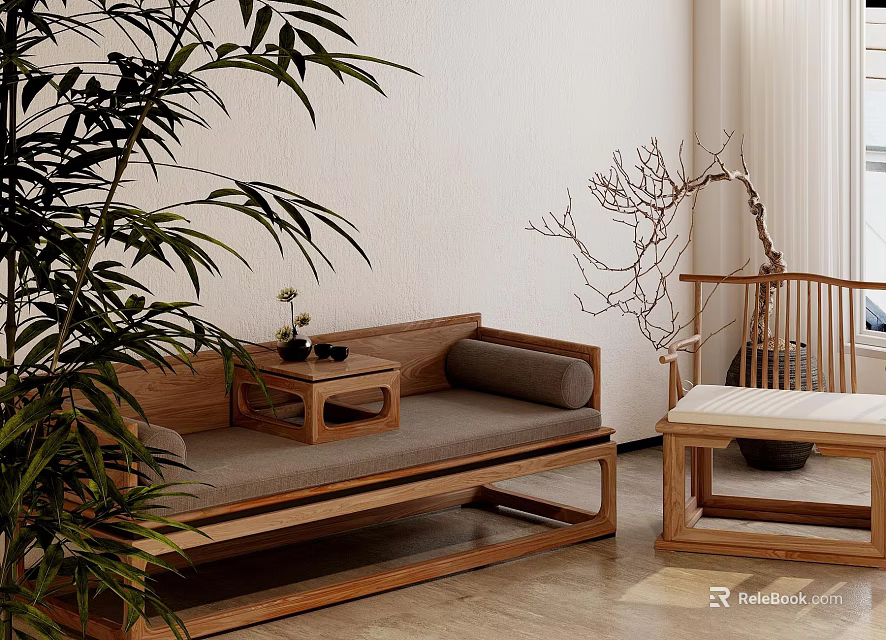 Wooden Daybed Indoor Design With Natural Plants And Side Table Setup 3d model 