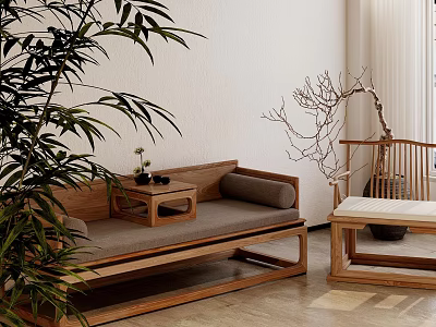 Wooden Daybed Indoor Design With Natural Plants And Side Table Setup 3d model