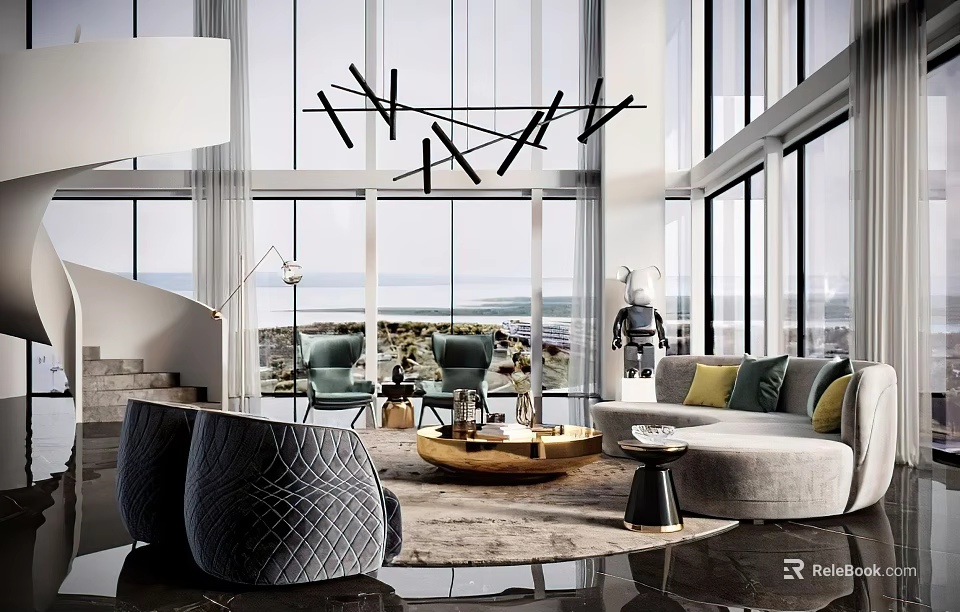 Modern Duplex Living Room Interior Design With Large Windows Stylish Sofa And Decorative Art 3d model 