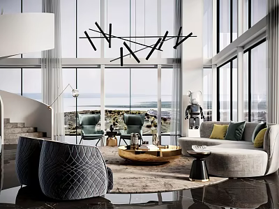 Modern Duplex Living Room Interior Design With Large Windows Stylish Sofa And Decorative Art 3d model
