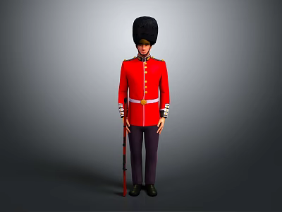 Standing British Royal Guard in Red Uniform With Black Bearskin Hat and Rifle 3d model