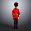 Standing British Royal Guard in Red Uniform With Black Bearskin Hat and Rifle