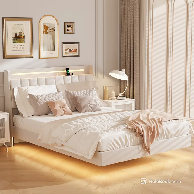 Modern Bedroom Interior With Upholstered Headboard Pillows Throw Blanket Nightstand Lamp And Wall Art 3d model 
