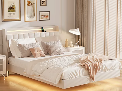 Modern Bedroom Interior With Upholstered Headboard Pillows Throw Blanket Nightstand Lamp And Wall Art 3d model