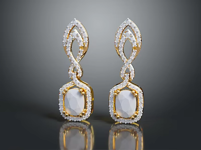 Elegant Gold Plated Earrings Inlaid With White Gemstone And Crystal Accents For Women Fashion Accessories 3d model