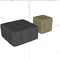 Two Square Upholstered Ottomans in Beige and Gray with Stitched Design