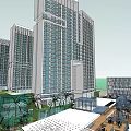 Modern High Rise Building Complex With Green Landscaping Public Plaza And Pedestrian Areas