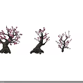 Six Trees With Pink Blossoms And Varied Trunk Shapes On Dark Background