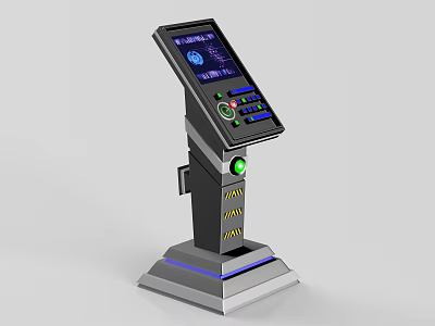 Public Facility Modern Information Kiosk With Touch Screen Control Panel Green Button And Warning Stripes 3d model