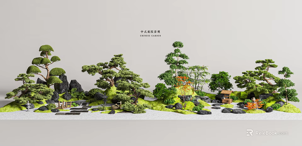Traditional Chinese Courtyard Garden With Pine Trees Bamboo And Rock Formations 3d model 
