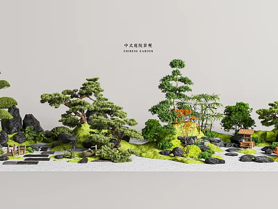 Traditional Chinese Courtyard Garden With Pine Trees Bamboo And Rock Formations 3d model