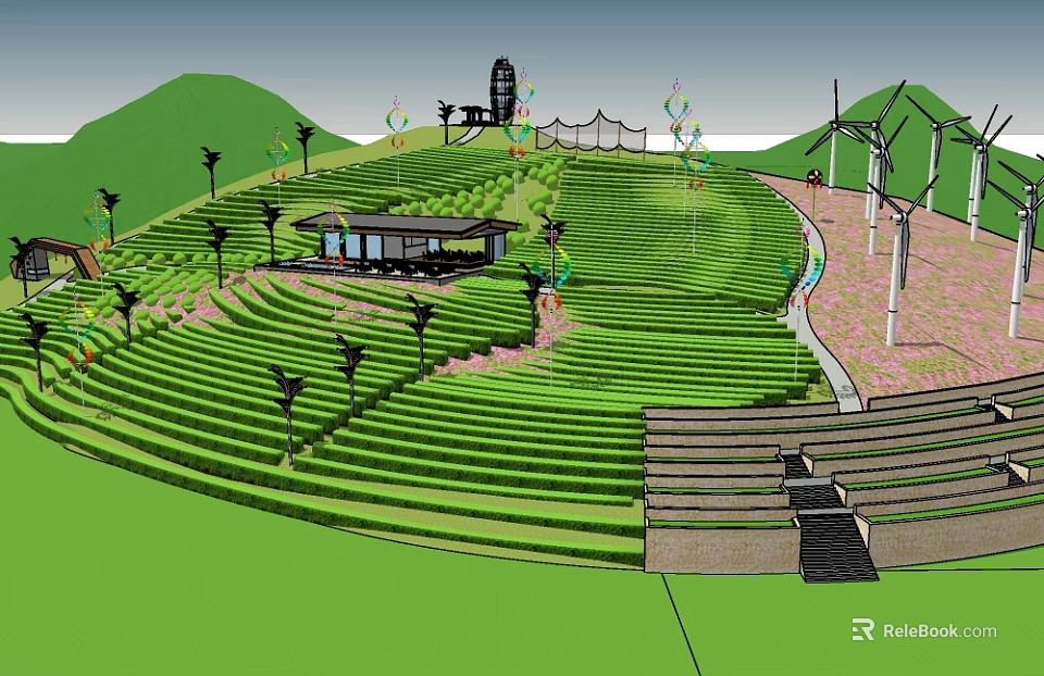 Scenic Green Terraced Landscape With Small Pavilion Wind Turbines Trees And Flags 3d model 