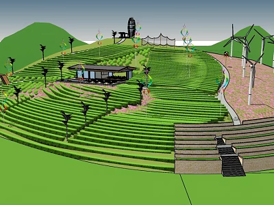 Scenic Green Terraced Landscape With Small Pavilion Wind Turbines Trees And Flags 3d model