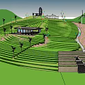 Scenic Green Terraced Landscape With Small Pavilion Wind Turbines Trees And Flags