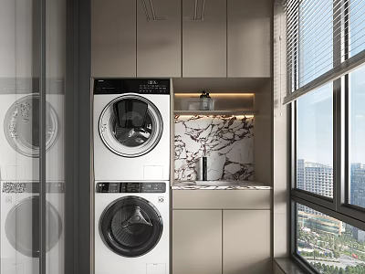 Modern Laundry Room With Stacked Washing Machines Marble Countertop And Large Window 3d model