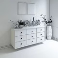 Minimalist Modern Wooden Dresser With Decorative Vases Green Plant Plate And Wall Art